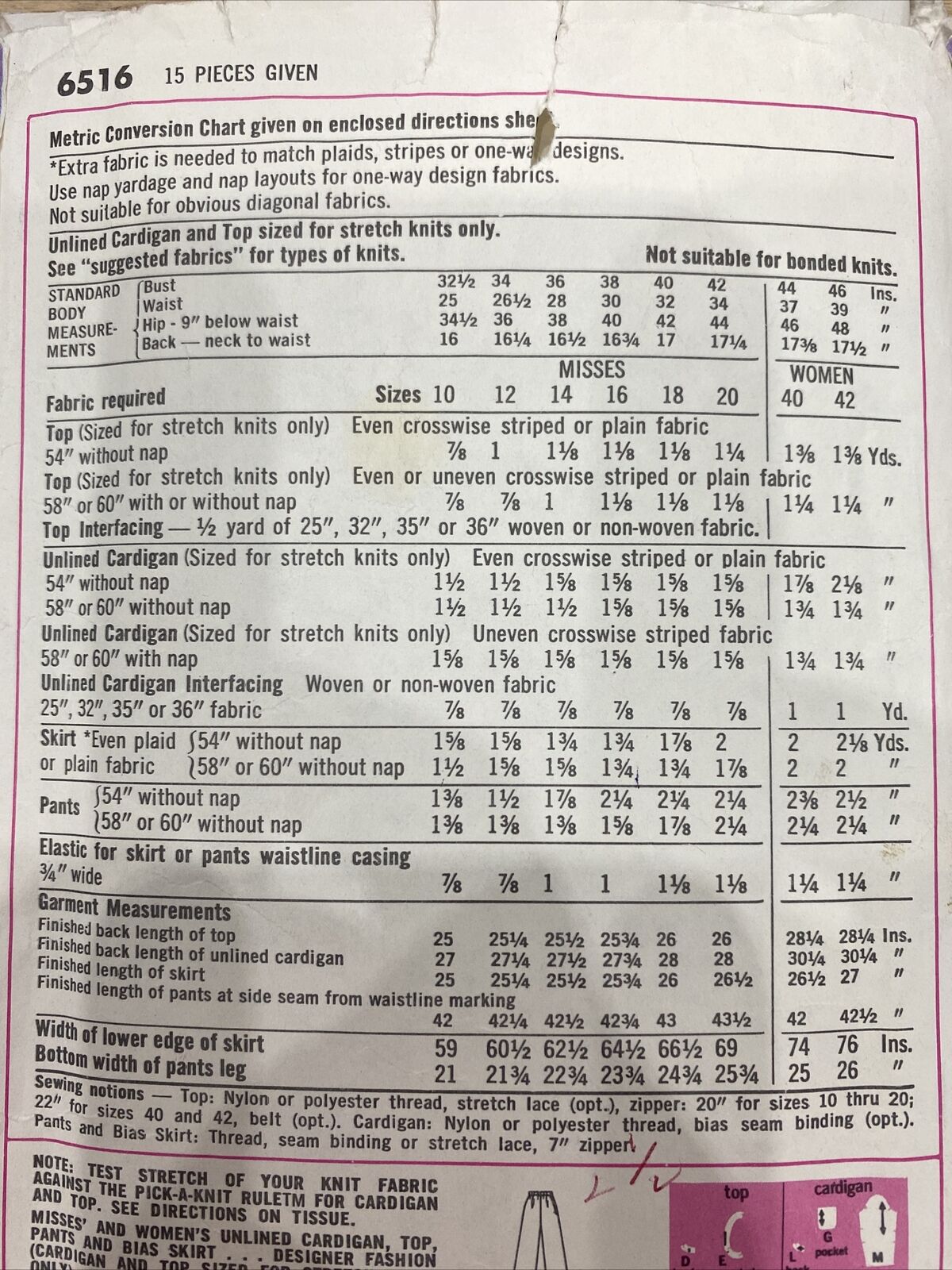 Simplicity 6516 Size 16 Top Cardigan Trousers Skirt *