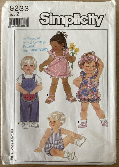 Simplicity 9233 Toddler Size 2 Dress Pants Rompers *