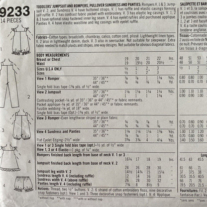 Simplicity 9233 Toddler Size 2 Dress Pants Rompers *