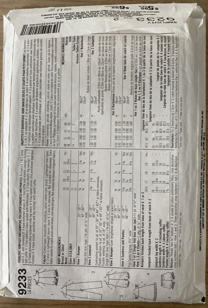 Simplicity 9233 Toddler Size 2 Dress Pants Rompers *