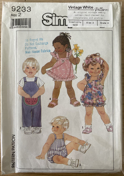 Simplicity 9233 Toddler Size 2 Dress Pants Rompers *
