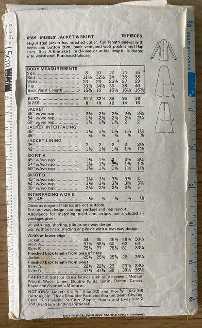 Butterick 6569 Womens Size 12 Jacket Skirt *