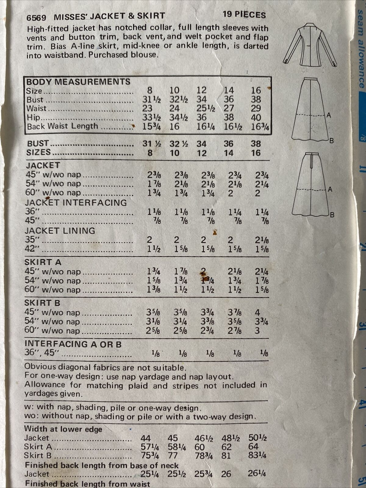 Butterick 6569 Womens Size 12 Jacket Skirt *