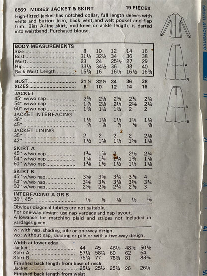 Butterick 6569 Womens Size 12 Jacket Skirt *