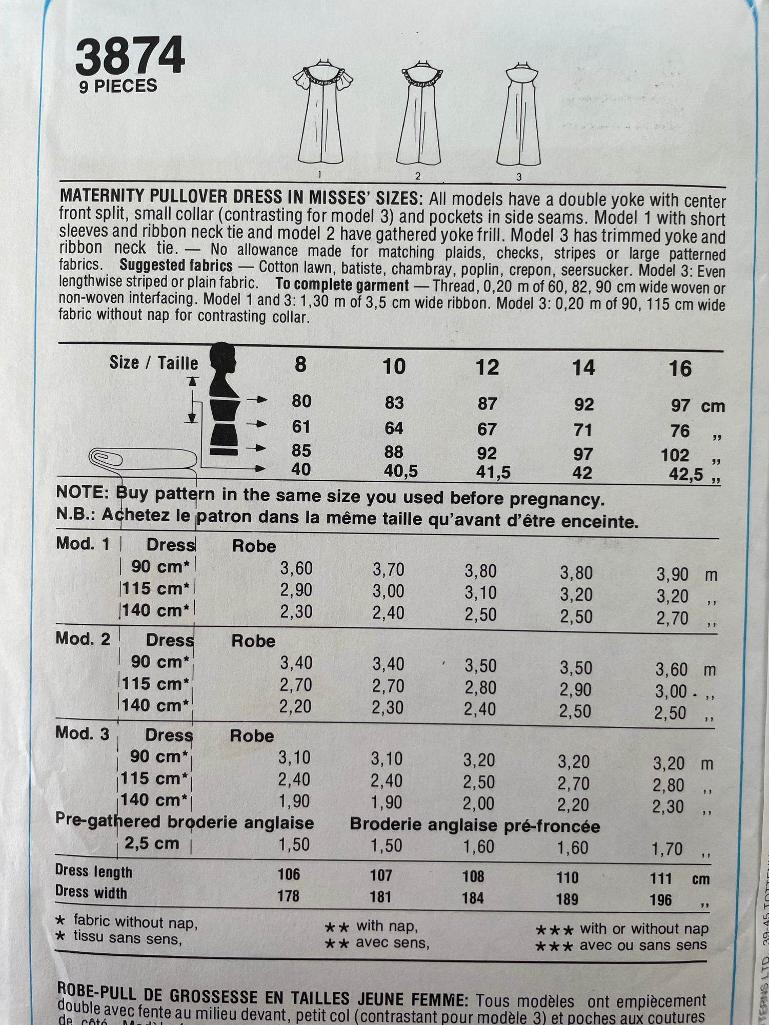 Style 3874 Womens Size 12-16 Maternity Dress FF