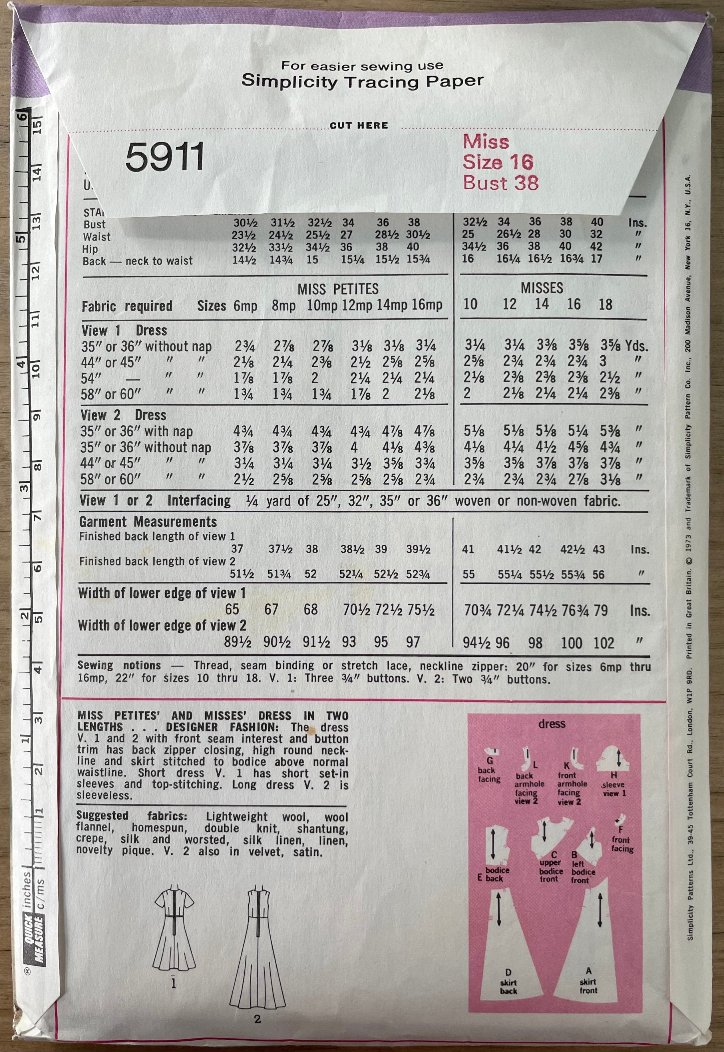 Simplicity 5911 Womens Size 16 Dress