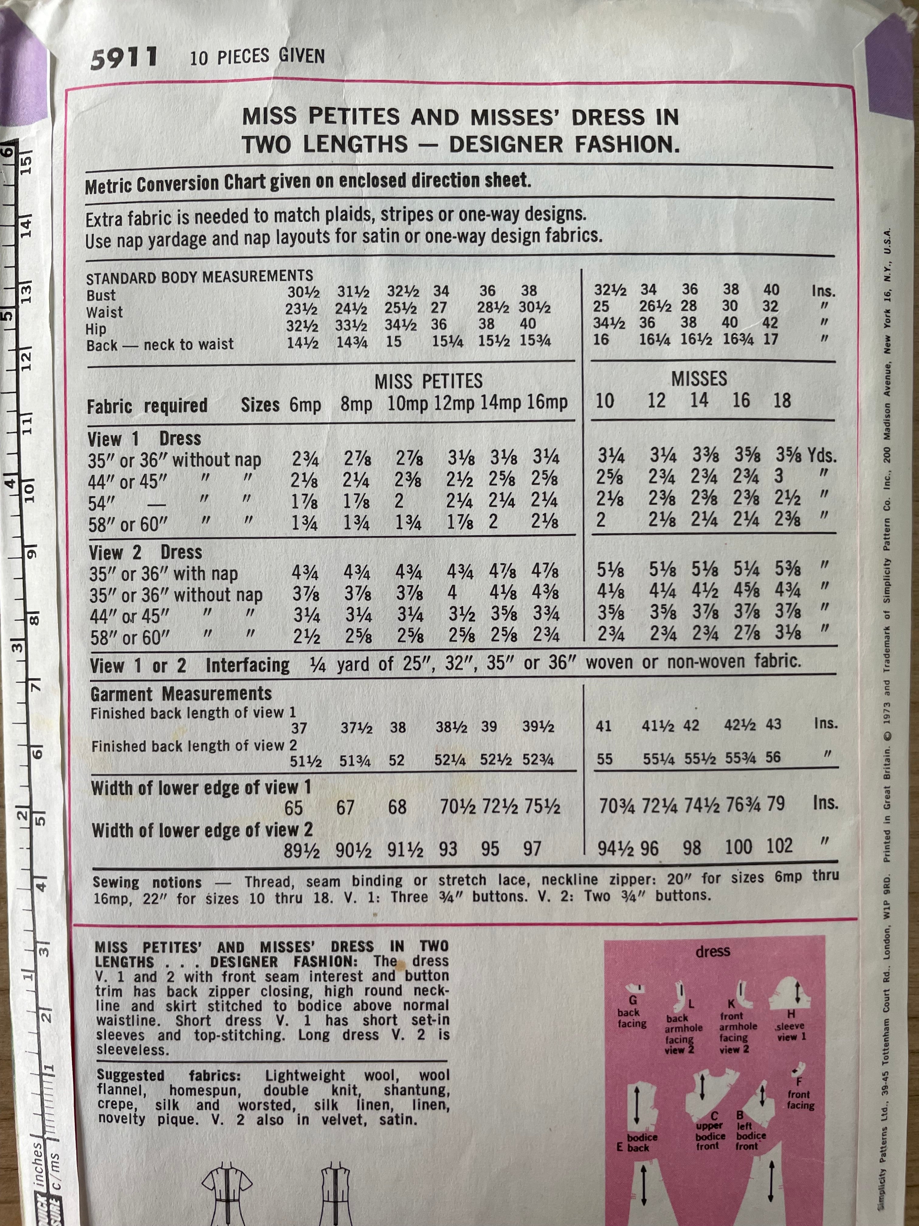 Simplicity 5911 Womens Size 16 Dress