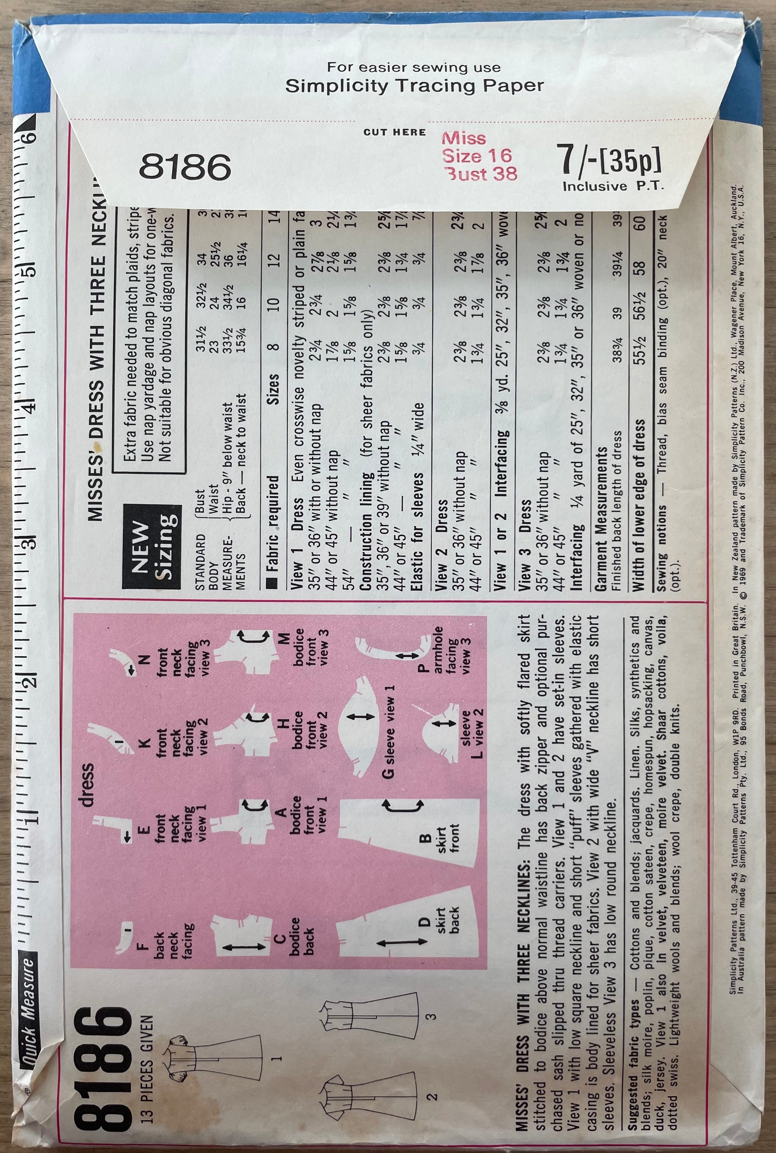 Simplicity 8186  Womens Size 16 Dress