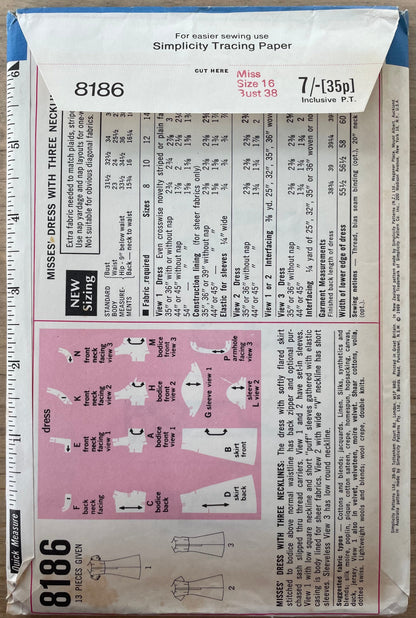 Simplicity 8186  Womens Size 16 Dress