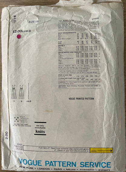 Vogue 1774 Womens Size 14 Dress