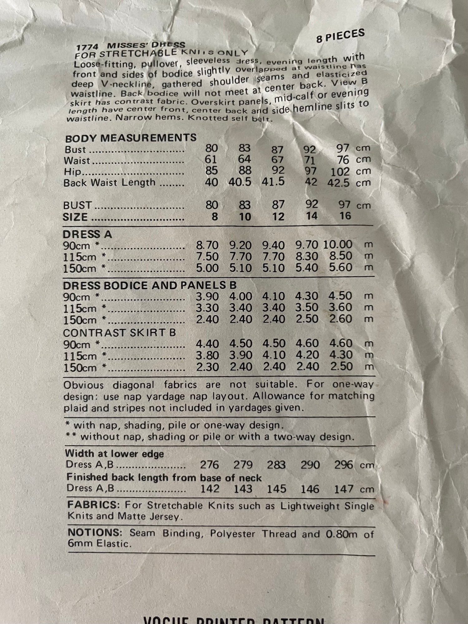 Vogue 1774 Womens Size 14 Dress