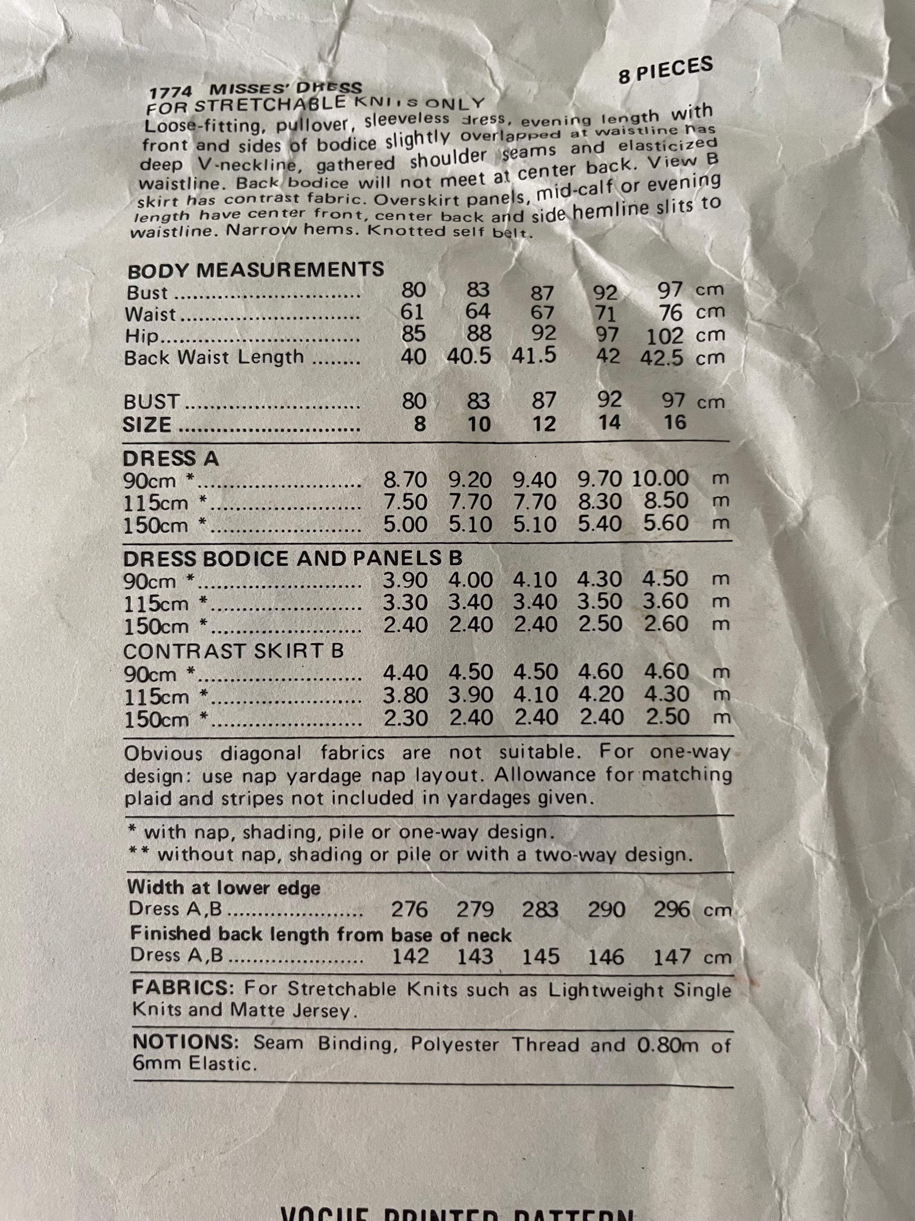 Vogue 1774 Womens Size 14 Dress