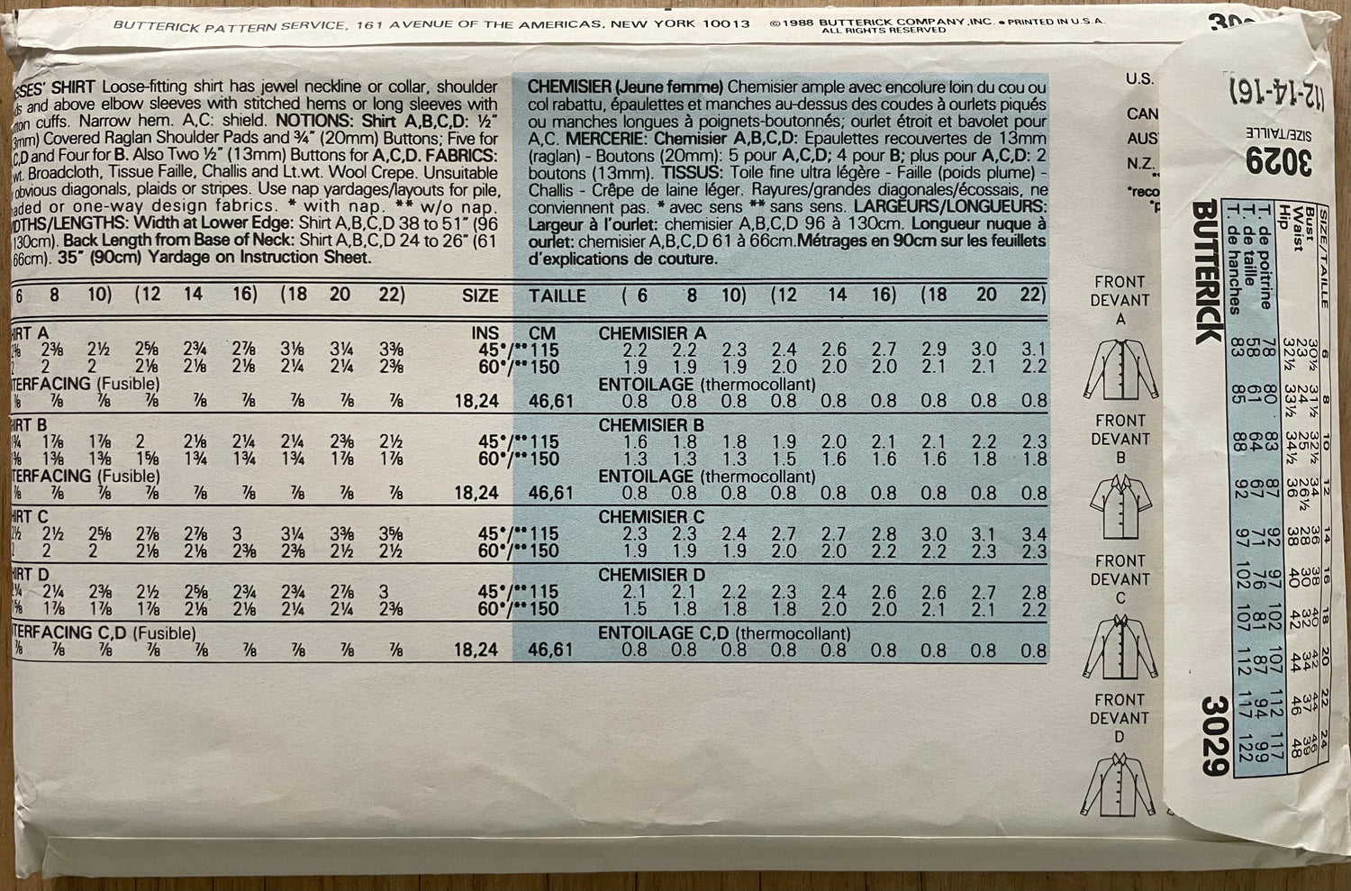 Butterick 3029 Womens Size 12-16 Shirt Blouse Top FF
