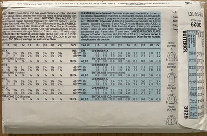 Butterick 3029 Womens Size 12-16 Shirt Blouse Top FF