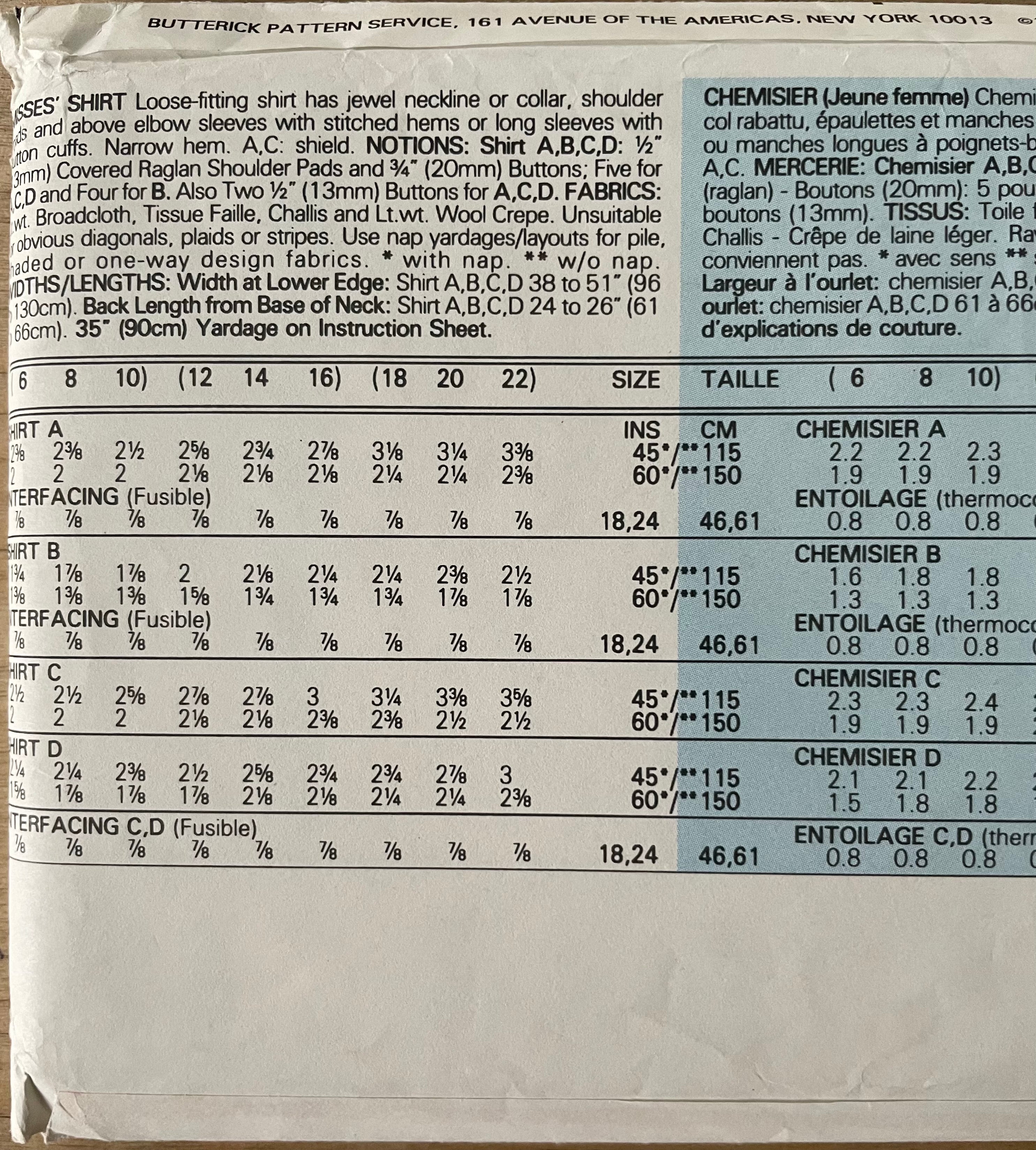 Butterick 3029 Womens Size 12-16 Shirt Blouse Top FF