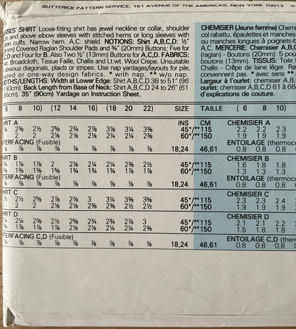 Butterick 3029 Womens Size 12-16 Shirt Blouse Top FF