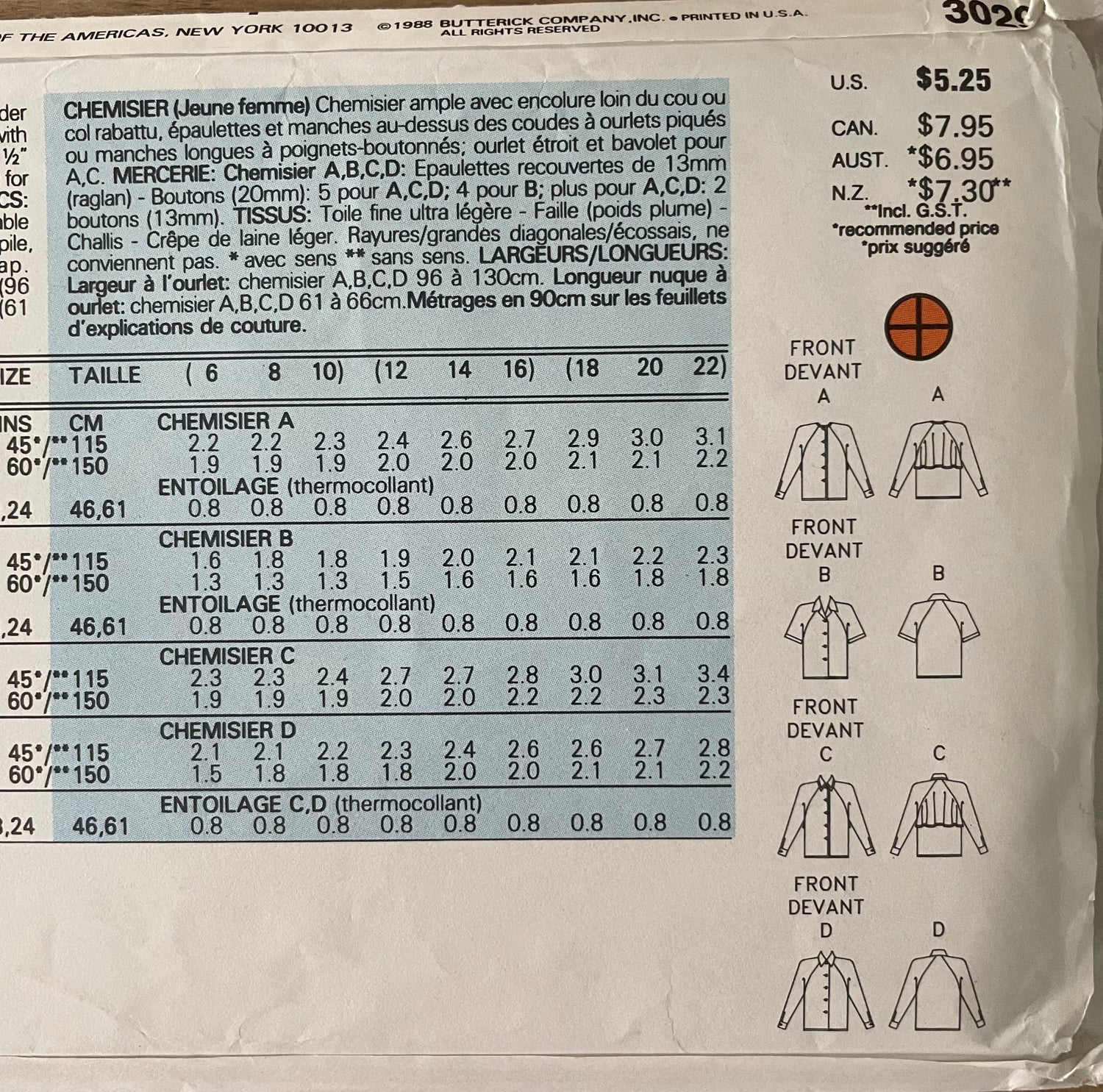 Butterick 3029 Womens Size 12-16 Shirt Blouse Top FF