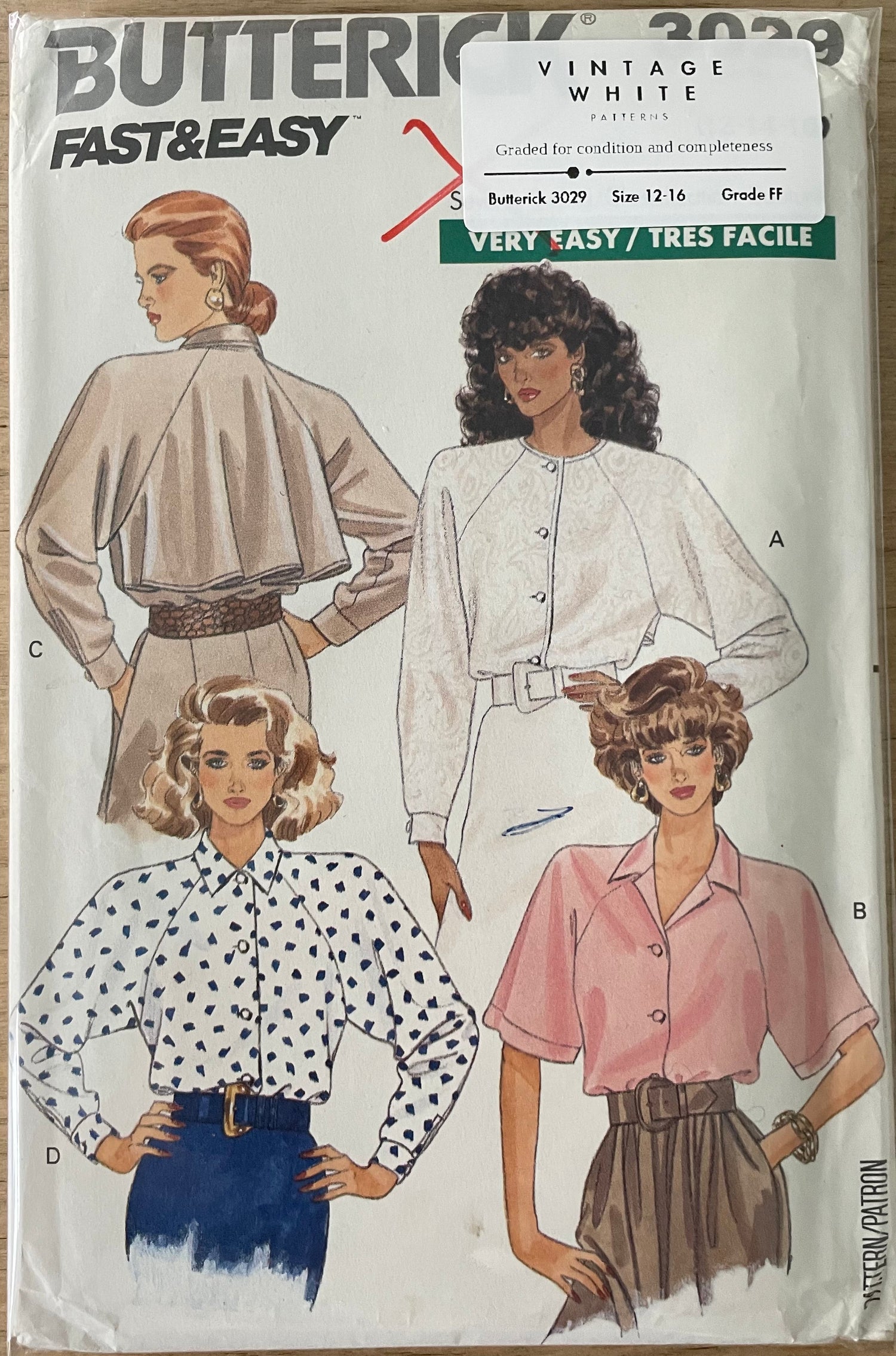 Butterick 3029 Womens Size 12-16 Shirt Blouse Top FF