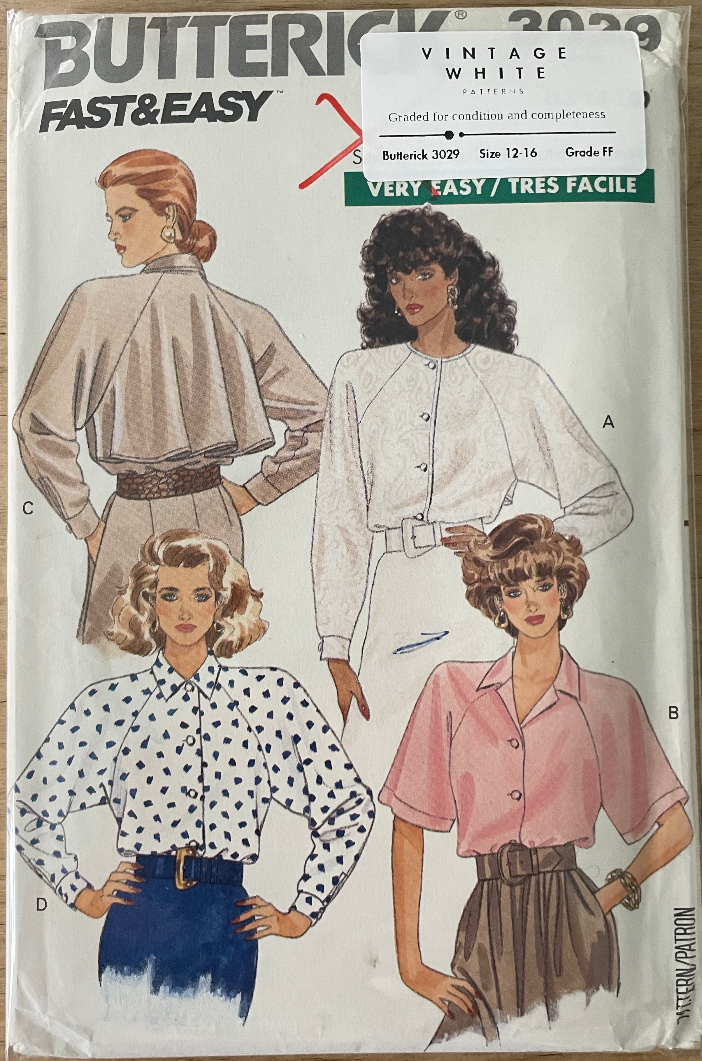 Butterick 3029 Womens Size 12-16 Shirt Blouse Top FF
