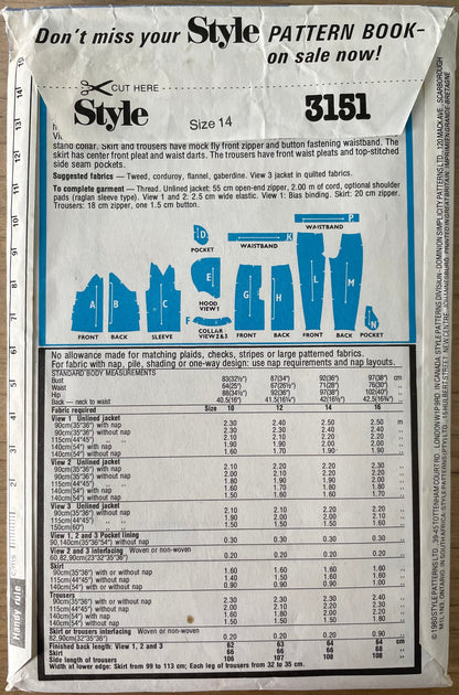 Style 3151 Womens Size 14 Jacket Trousers Skirt