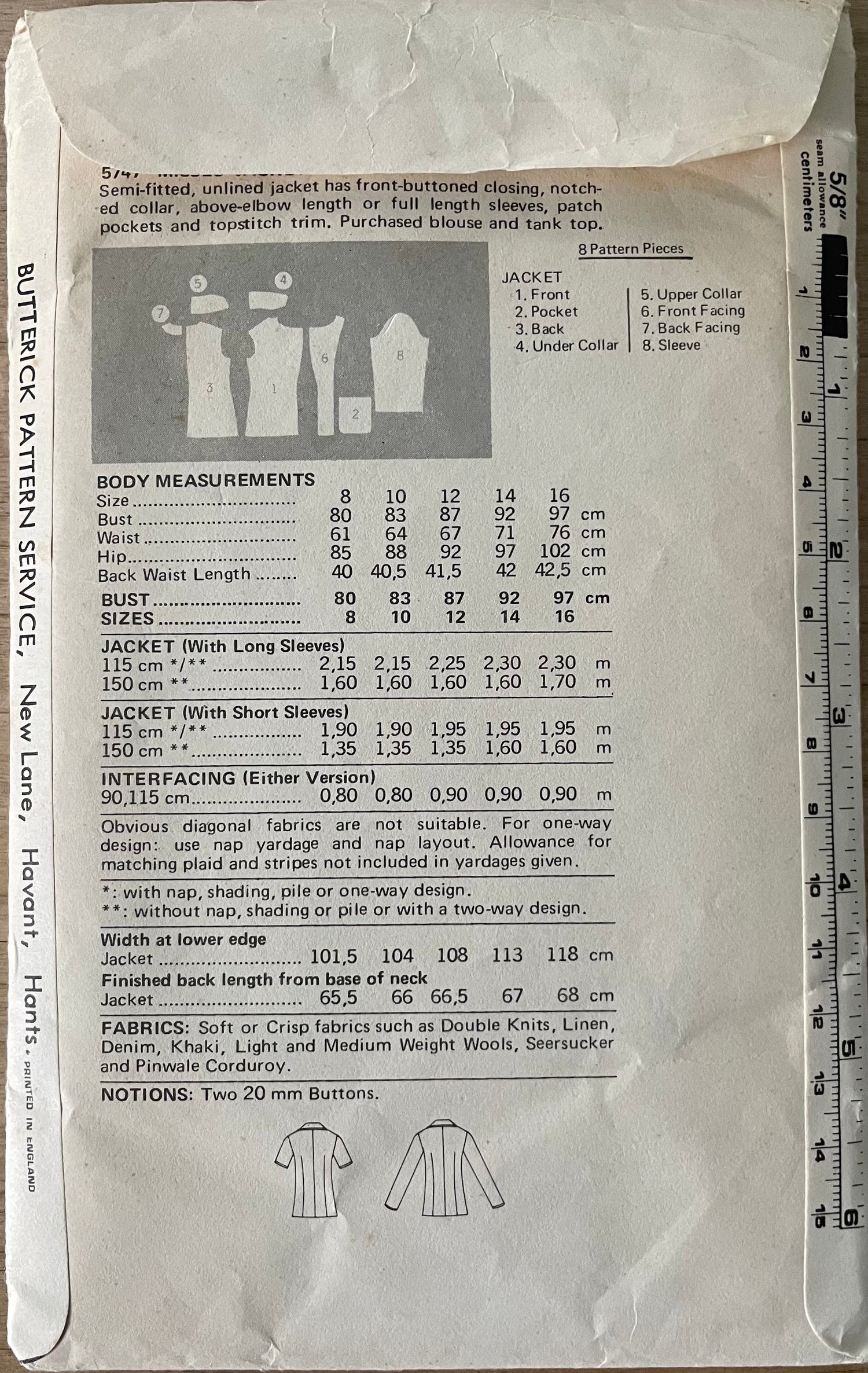 Butterick 5747 Womens Size 12 Jacket