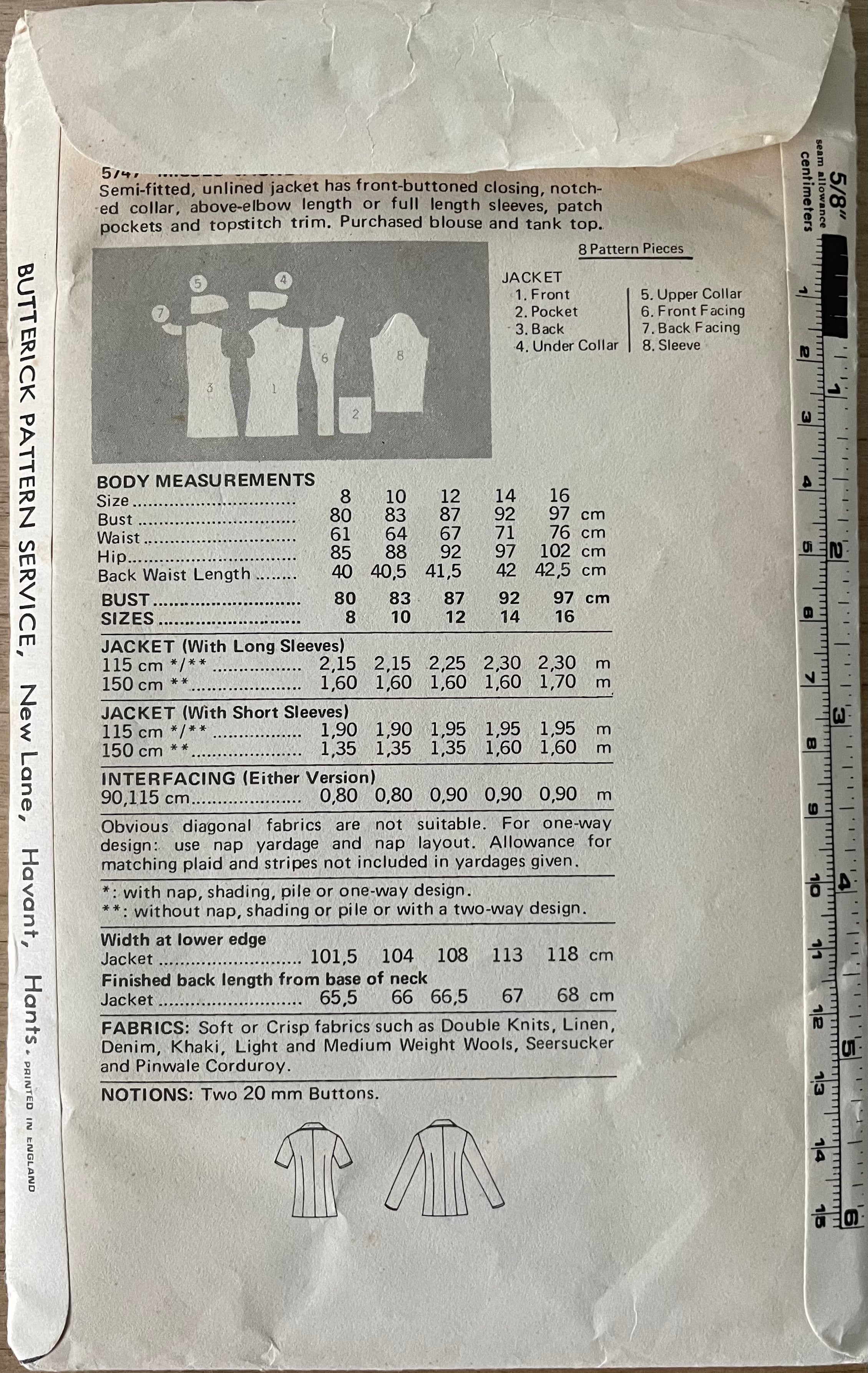 Butterick 5747 Womens Size 12 Jacket