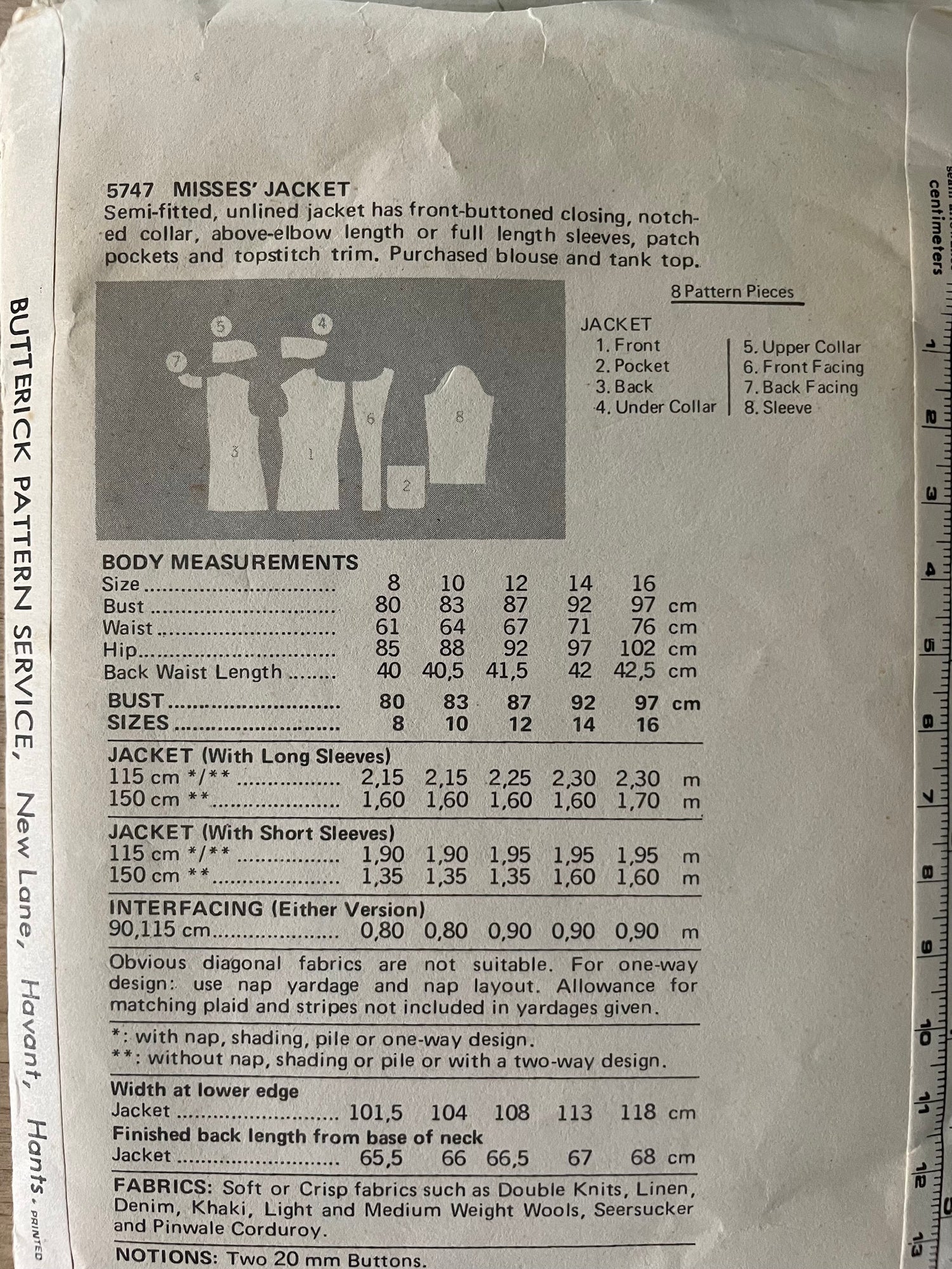 Butterick 5747 Womens Size 12 Jacket