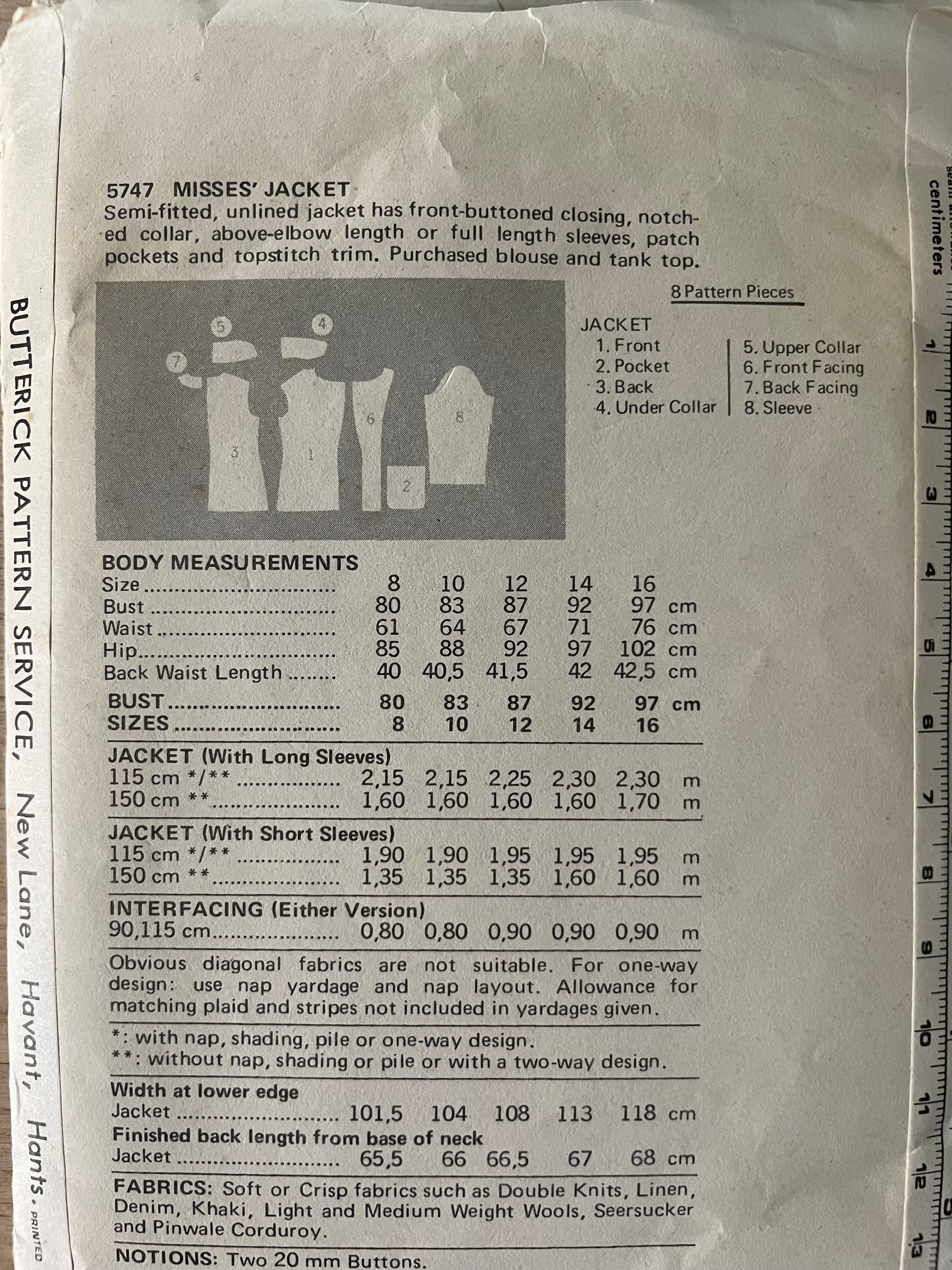 Butterick 5747 Womens Size 12 Jacket