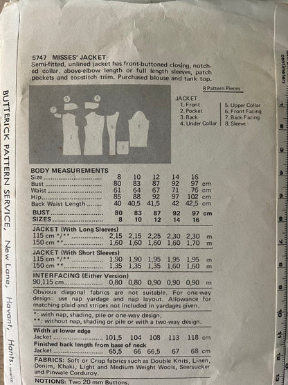 Butterick 5747 Womens Size 12 Jacket