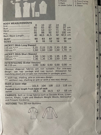 Butterick 5747 Womens Size 12 Jacket