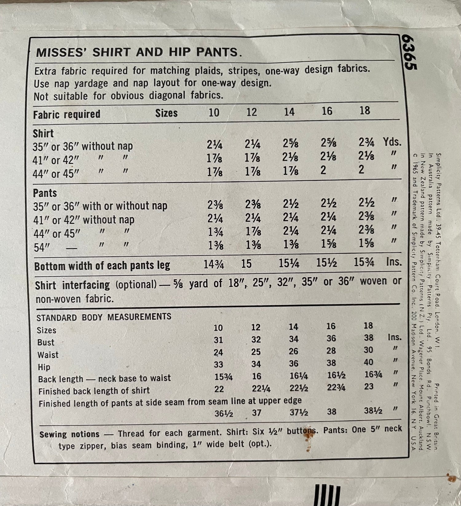 Simplicity 6365 Womens Size 16 Shirt Trousers