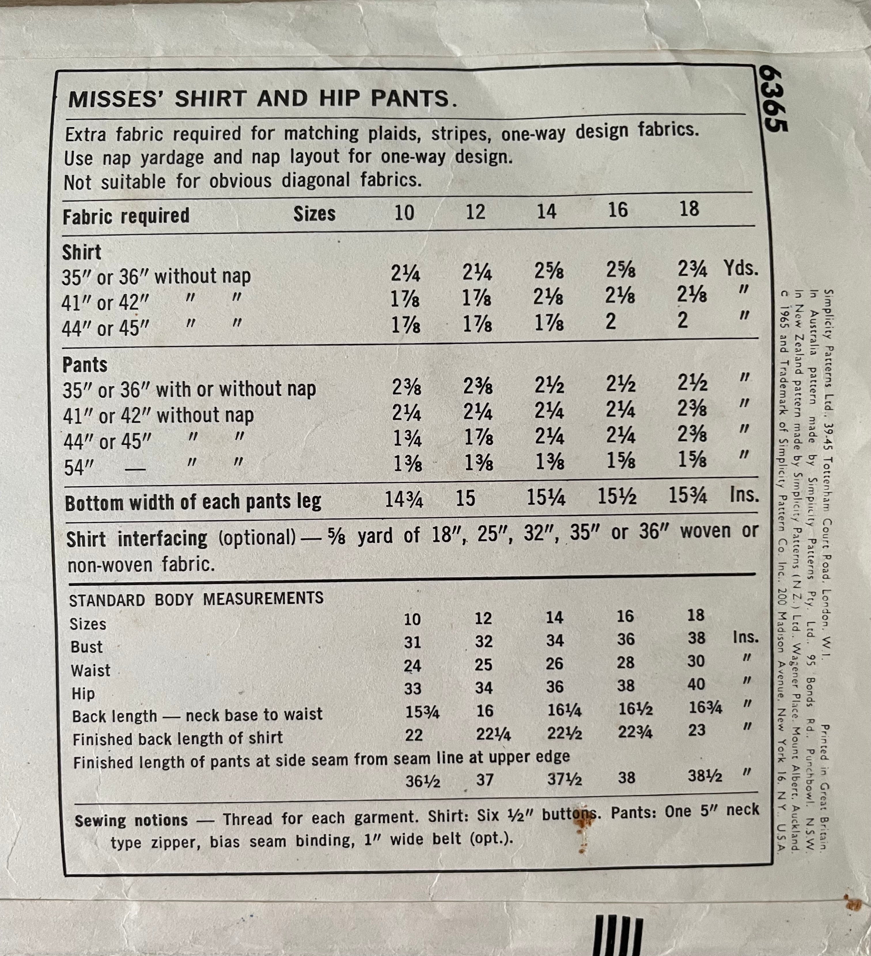 Simplicity 6365 Womens Size 16 Shirt Trousers