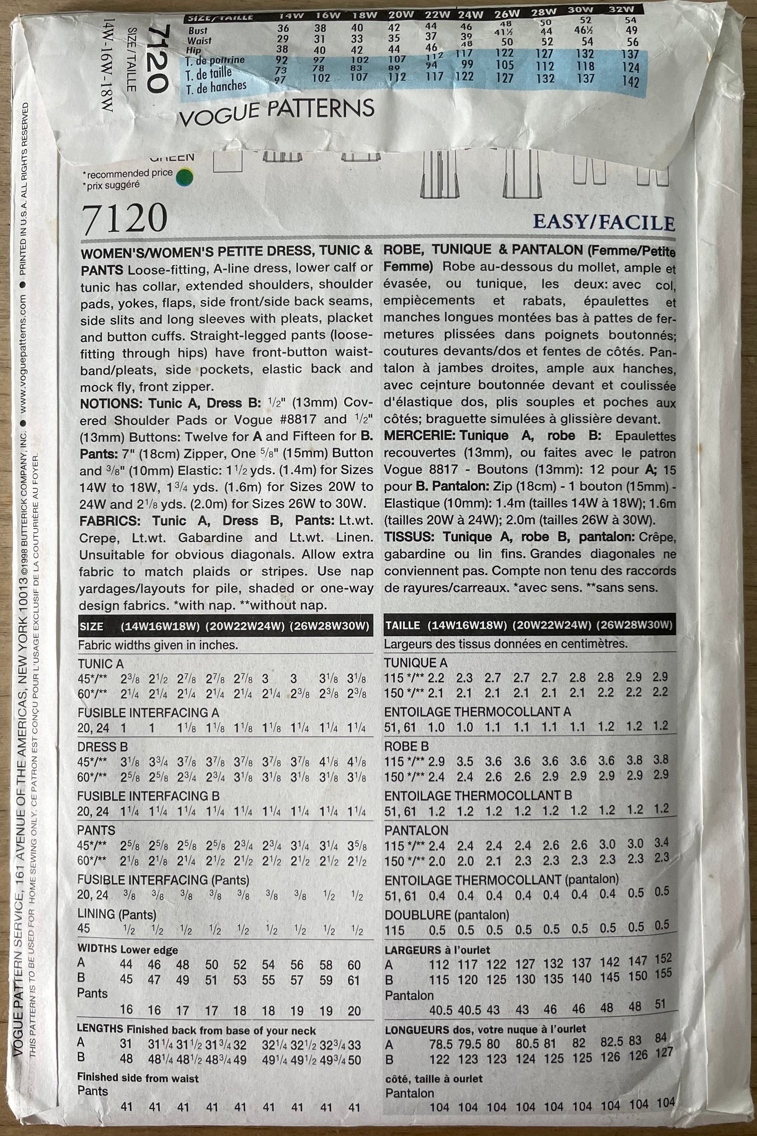 Vogue 7120 Womens Size 14-18 Petite Shirt Dress Trousers FF