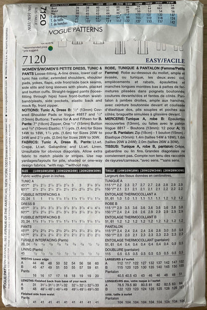 Vogue 7120 Womens Size 14-18 Petite Shirt Dress Trousers FF