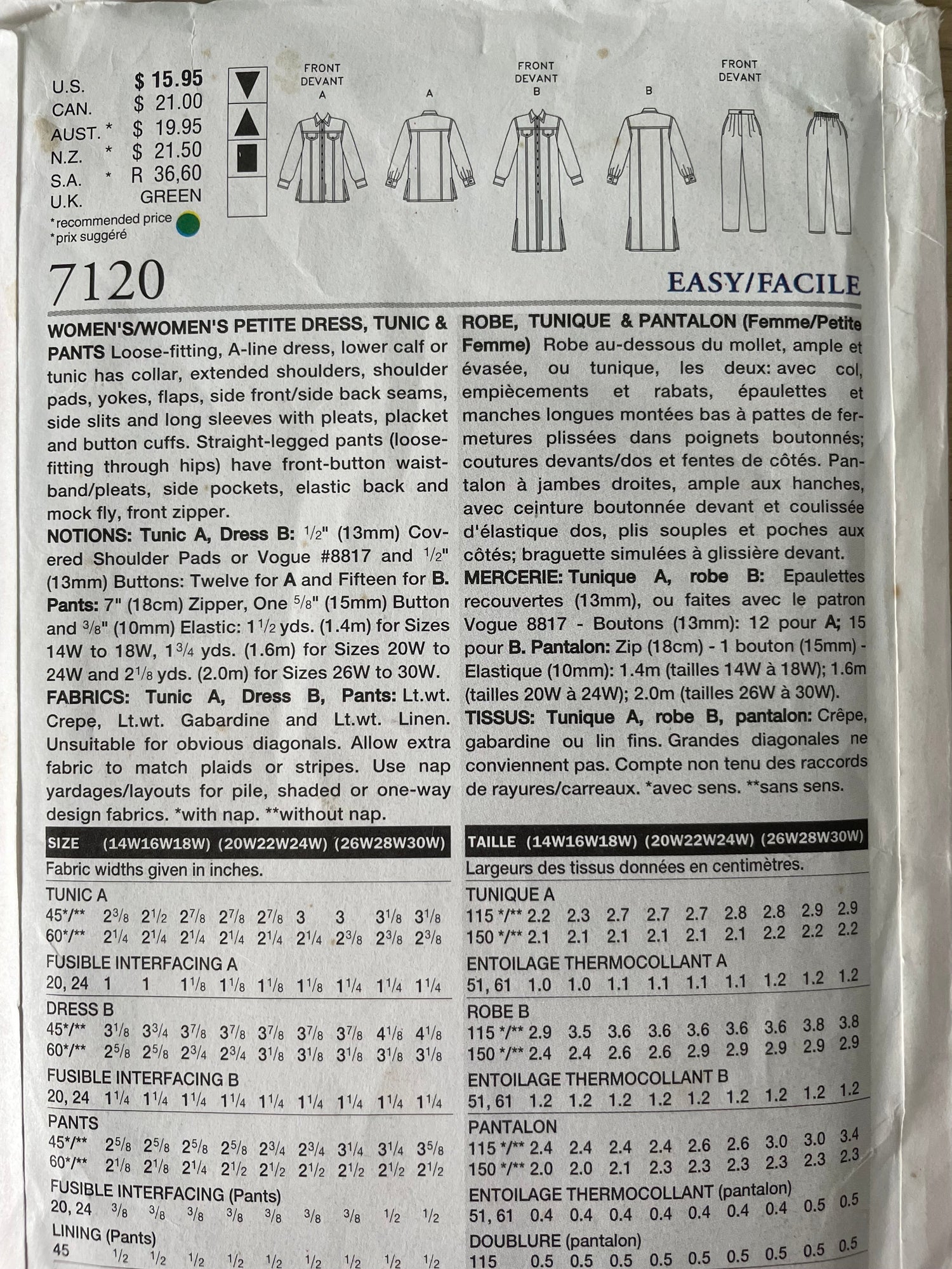 Vogue 7120 Womens Size 14-18 Petite Shirt Dress Trousers FF