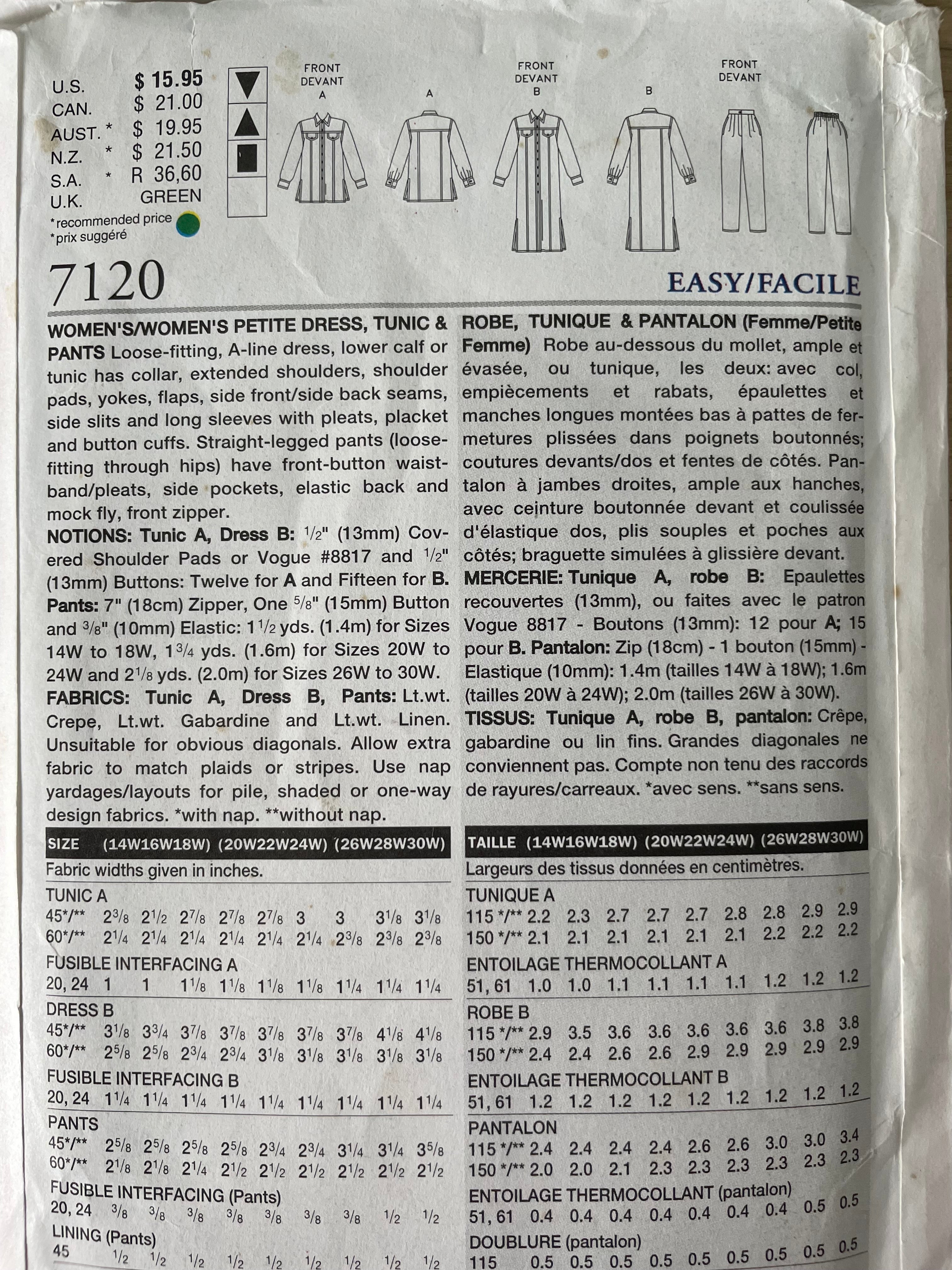 Vogue 7120 Womens Size 14-18 Petite Shirt Dress Trousers FF