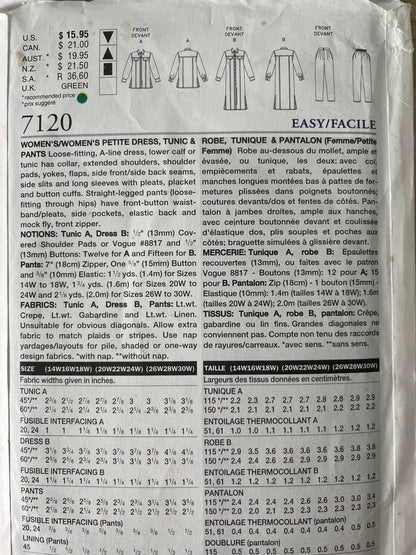 Vogue 7120 Womens Size 14-18 Petite Shirt Dress Trousers FF