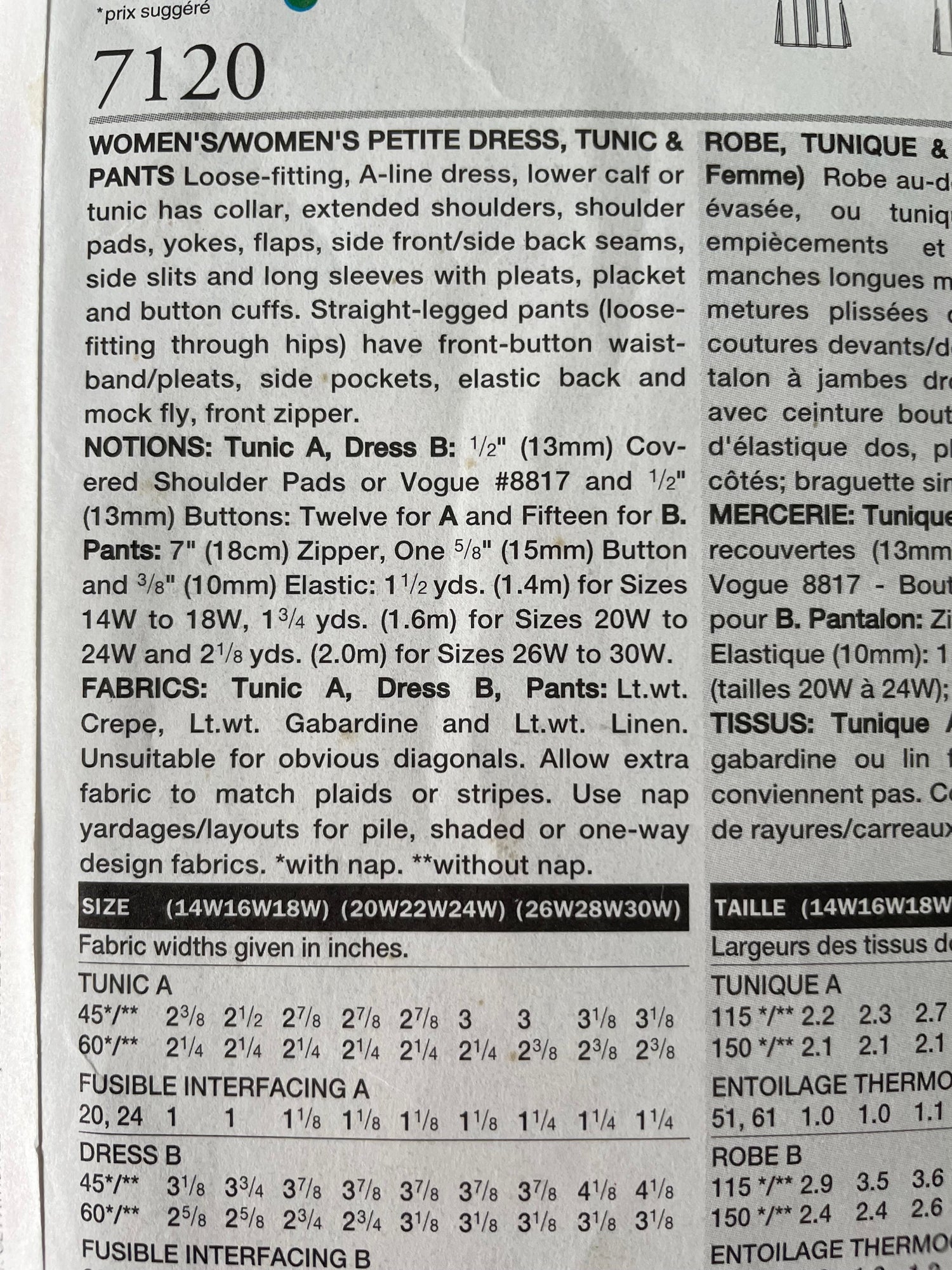 Vogue 7120 Womens Size 14-18 Petite Shirt Dress Trousers FF