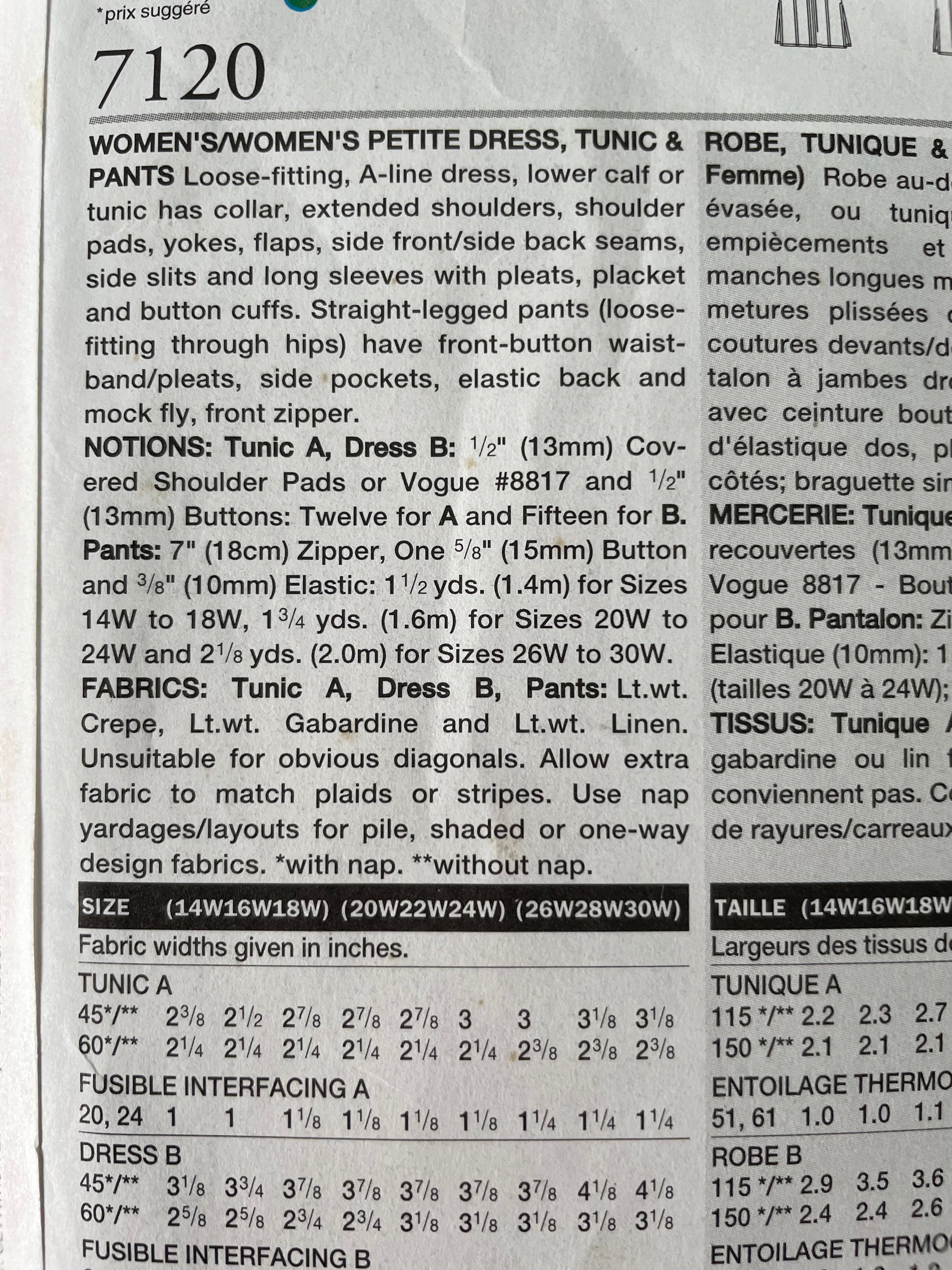 Vogue 7120 Womens Size 14-18 Petite Shirt Dress Trousers FF