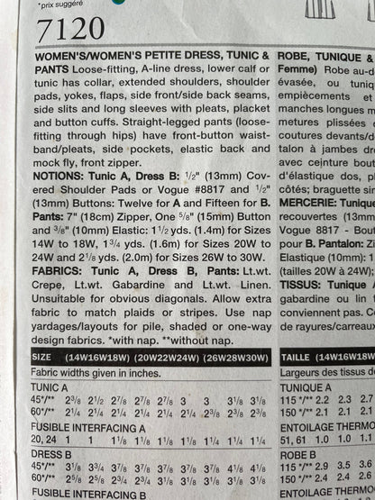 Vogue 7120 Womens Size 14-18 Petite Shirt Dress Trousers FF