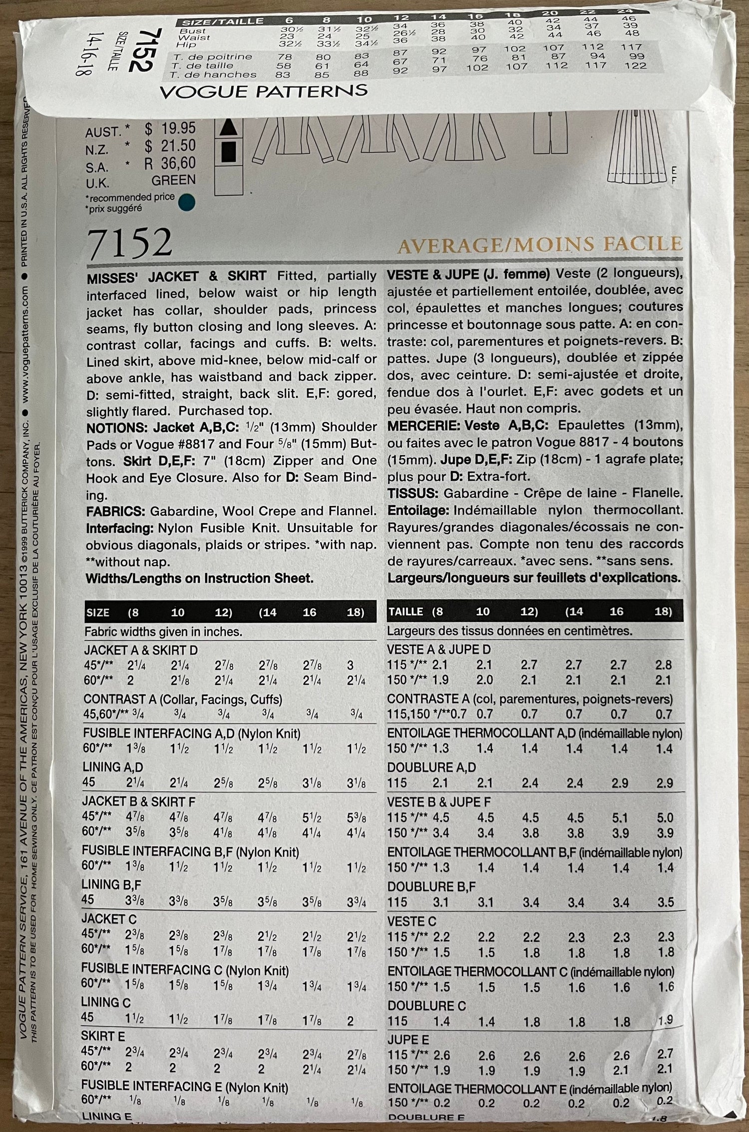 Vogue 7152 Womens Size 14-18 Jacket Skirt FF