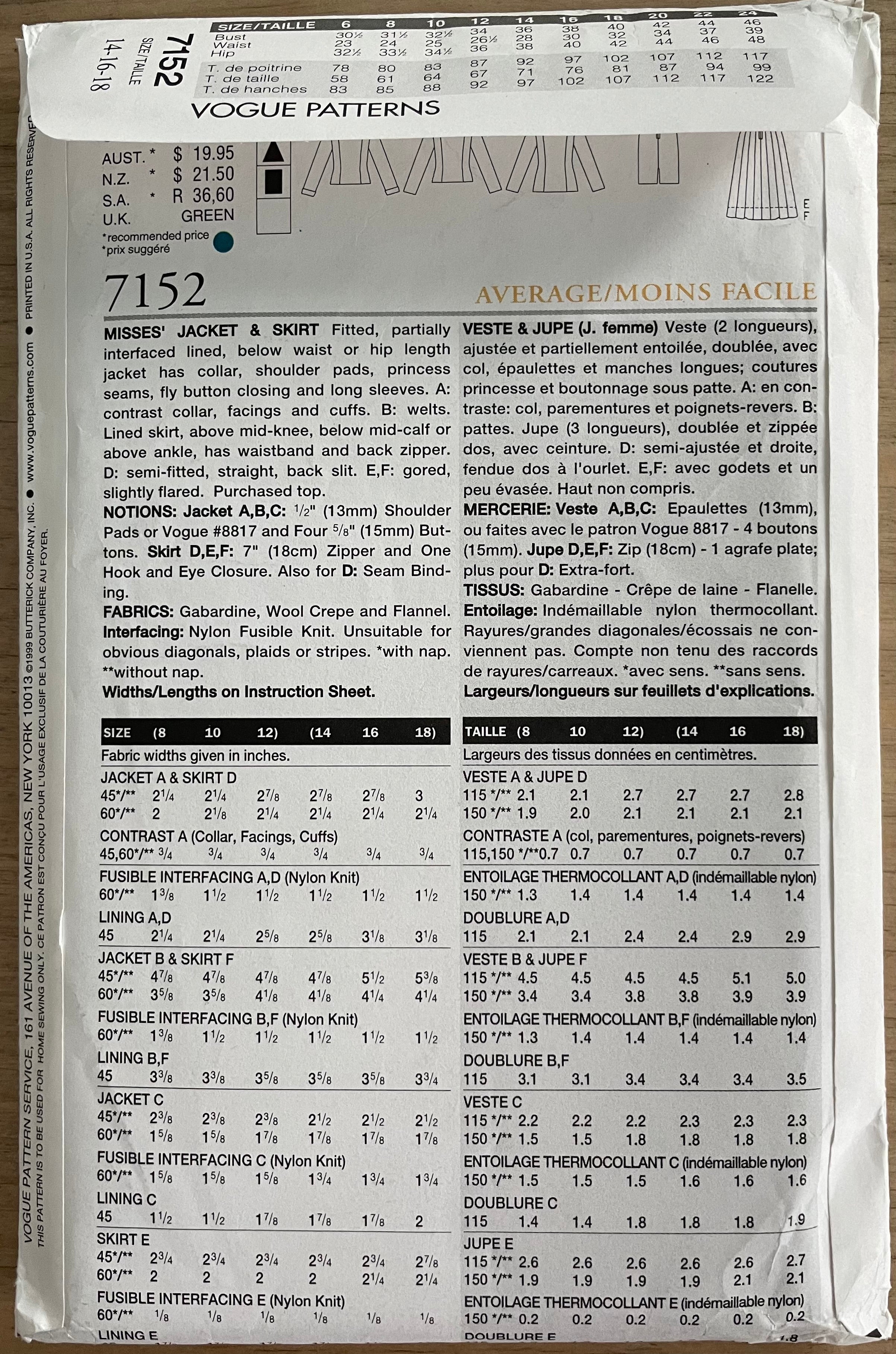 Vogue 7152 Womens Size 14-18 Jacket Skirt FF