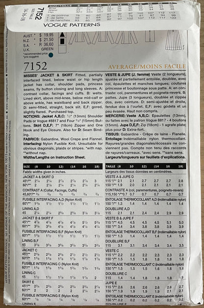 Vogue 7152 Womens Size 14-18 Jacket Skirt FF