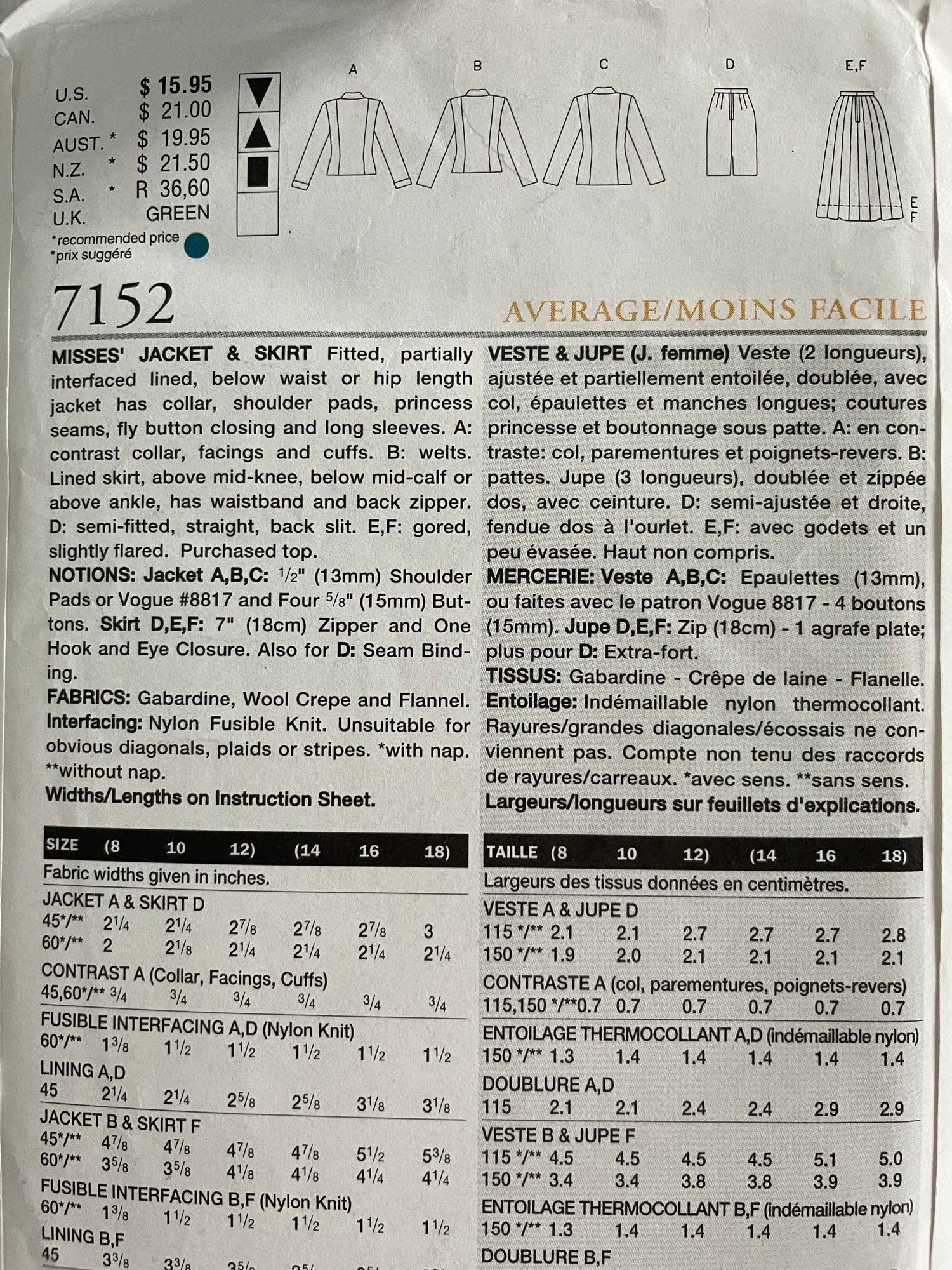 Vogue 7152 Womens Size 14-18 Jacket Skirt FF