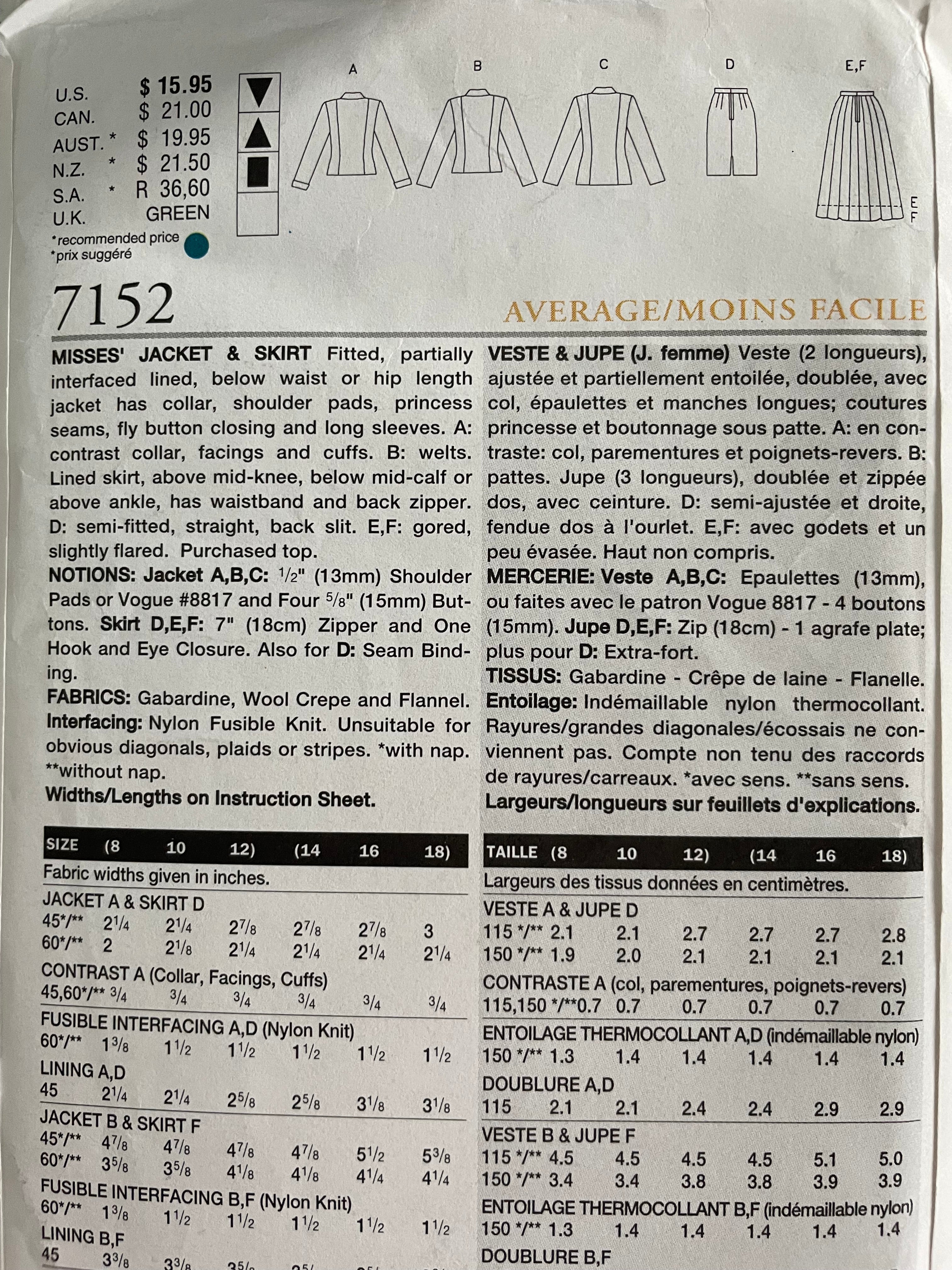 Vogue 7152 Womens Size 14-18 Jacket Skirt FF