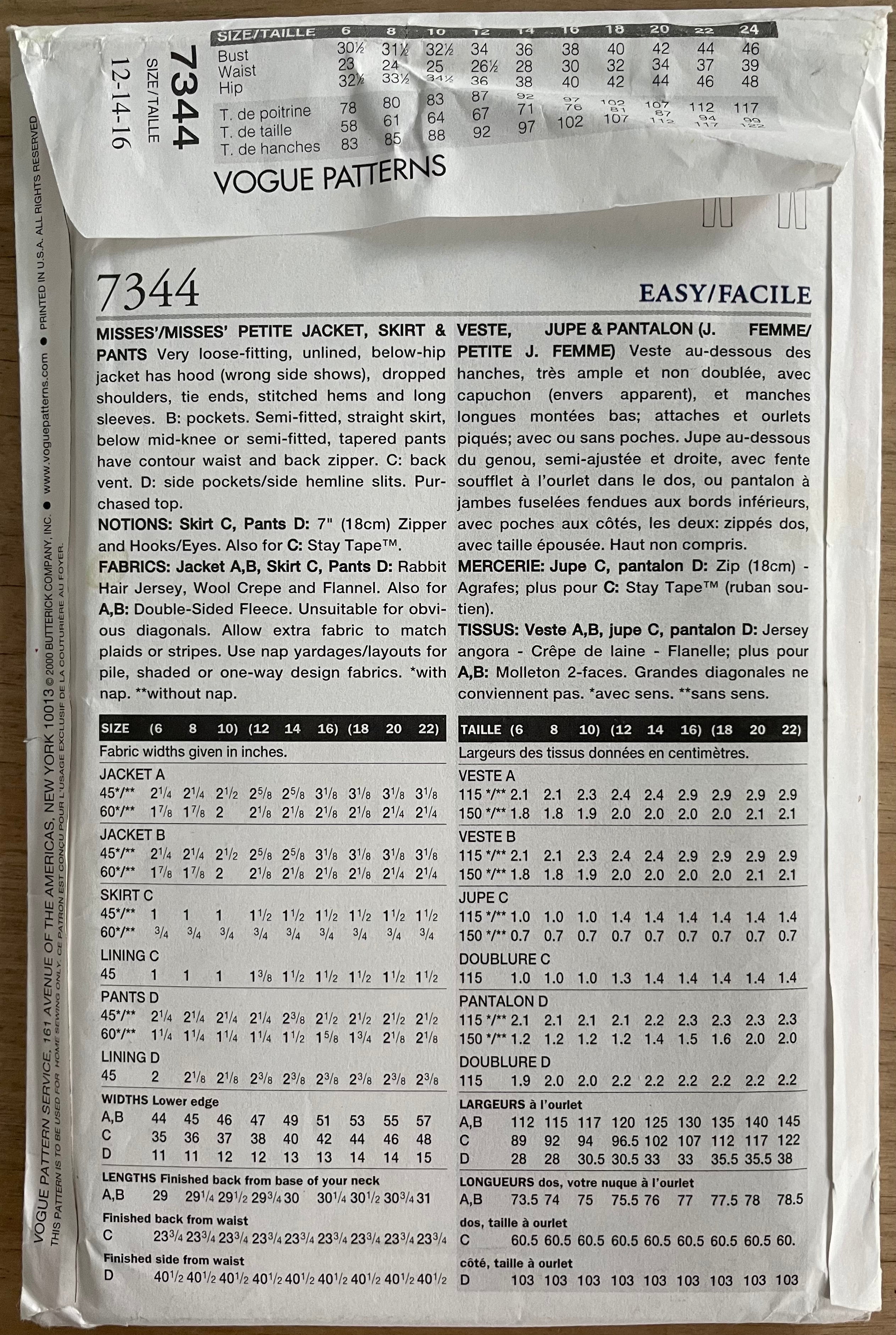 Vogue 7344 Womens Size 12-16 Petite Jacket Skirt Trousers FF
