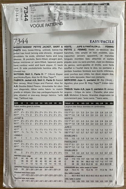 Vogue 7344 Womens Size 12-16 Petite Jacket Skirt Trousers FF