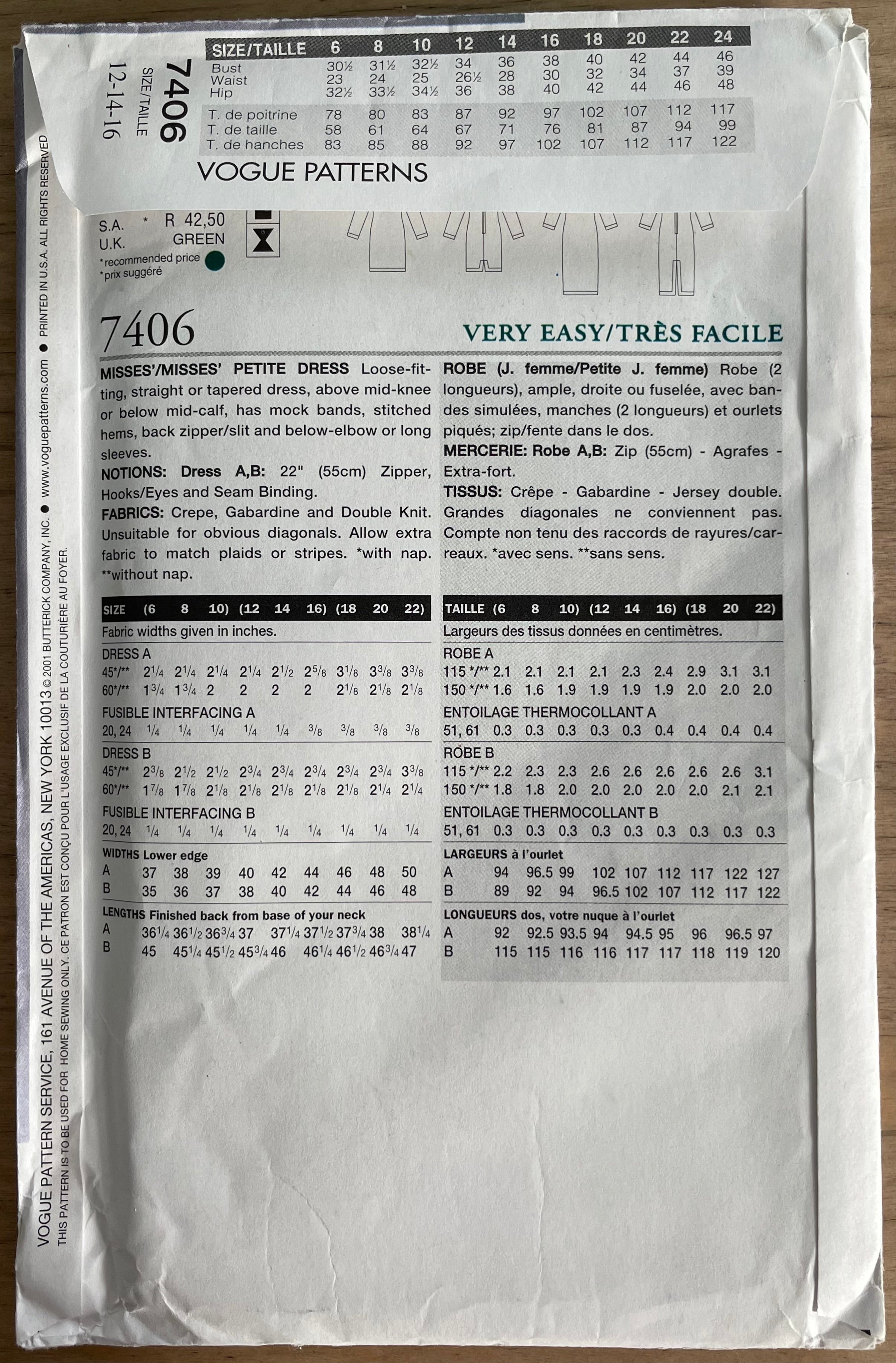 Vogue 7406 Womens Size 12-16 Petite Dress FF