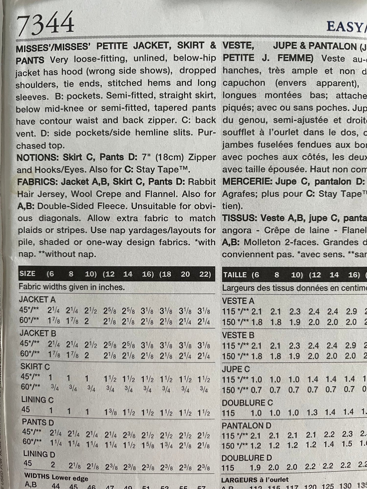 Vogue 7344 Womens Size 12-16 Petite Jacket Skirt Trousers FF