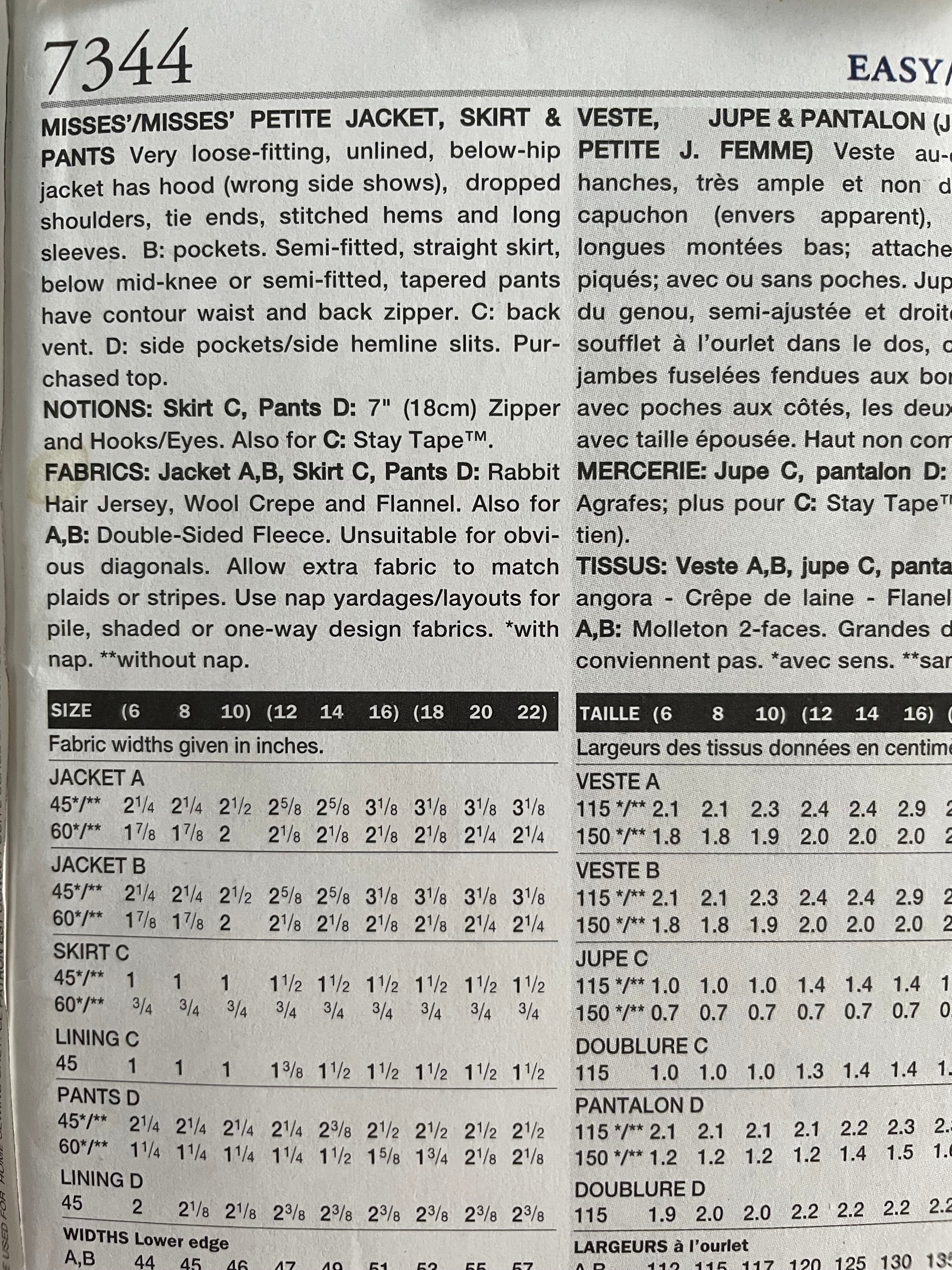 Vogue 7344 Womens Size 12-16 Petite Jacket Skirt Trousers FF